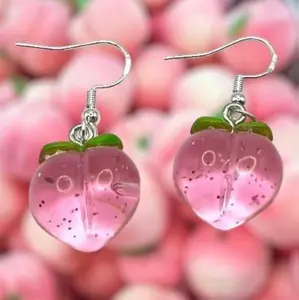 Peaches Fruit Stud Earrings - Unique Design with Green Leaf Accents, Casual Style for Women