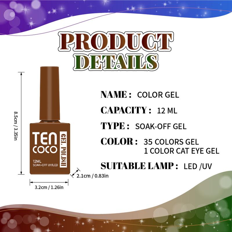 Tencoco 51 Pcs Gel Nail Polish Kit 35 Colors with Crystal Cat Eye Nail Art Tools Set UV Light Translucent Glossy Formula Perfect Gift for Women