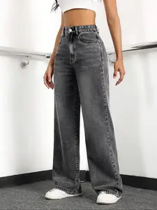 Women's Plain Wide Leg Denim Jeans, Casual Minimalist Comfy Straight Leg Baggy Jeans for Daily Wear, Ladies Bottoms for Summer