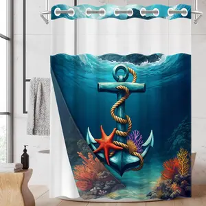 1pc hookless shower curtain with buckle lining, blue-green seabed anchor and starfish design, 2D flat printing, fabric waterproof lining, see-through double-layer shower curtain, 71 x 74 inches, modern home draping bathroom curtain