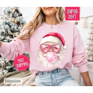 PinkSantaBubbleSweatshirt,ChristmasSweater,CoquetteXmasTshirt,Women'sHolidayCrewneckfunnysanta