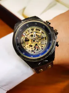 1pc Vintage Antique Copper Skeleton Automatic Mechanical Watch for Men Luminous Hands Top Brand Leather Strap Business Casual Fashion Wristwatches