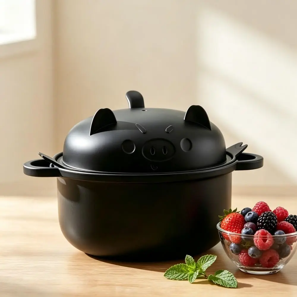 Heat Insulated Wheat Straw Bowl Set, Freezer & Microwave Safe Noodle Cooker with Full Cutlery Supplies(Pig-Black）