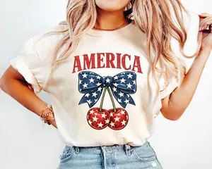 America Cherry Shirt, 4th Of July Shirt, American Cherry Shirt, Coquette Bow Cherry Shirt, Patriotic Woman Gift Shirt