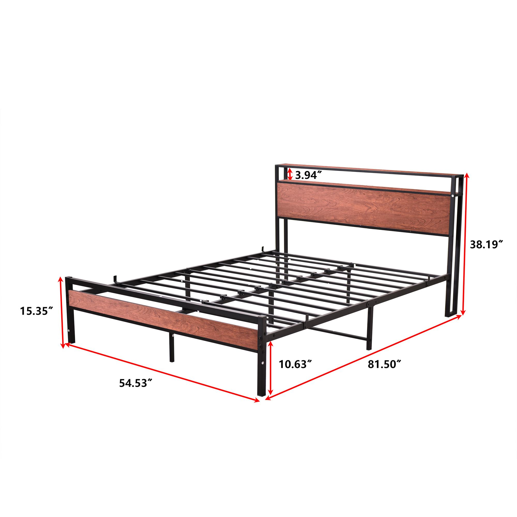 Different Size Metal Platform Bed Frame with Wooden Headboard and Footboard. Features robust metal slat support, no box spring required, delivering exceptional stability and a streamlined, modern aesthetic for your bedroom.