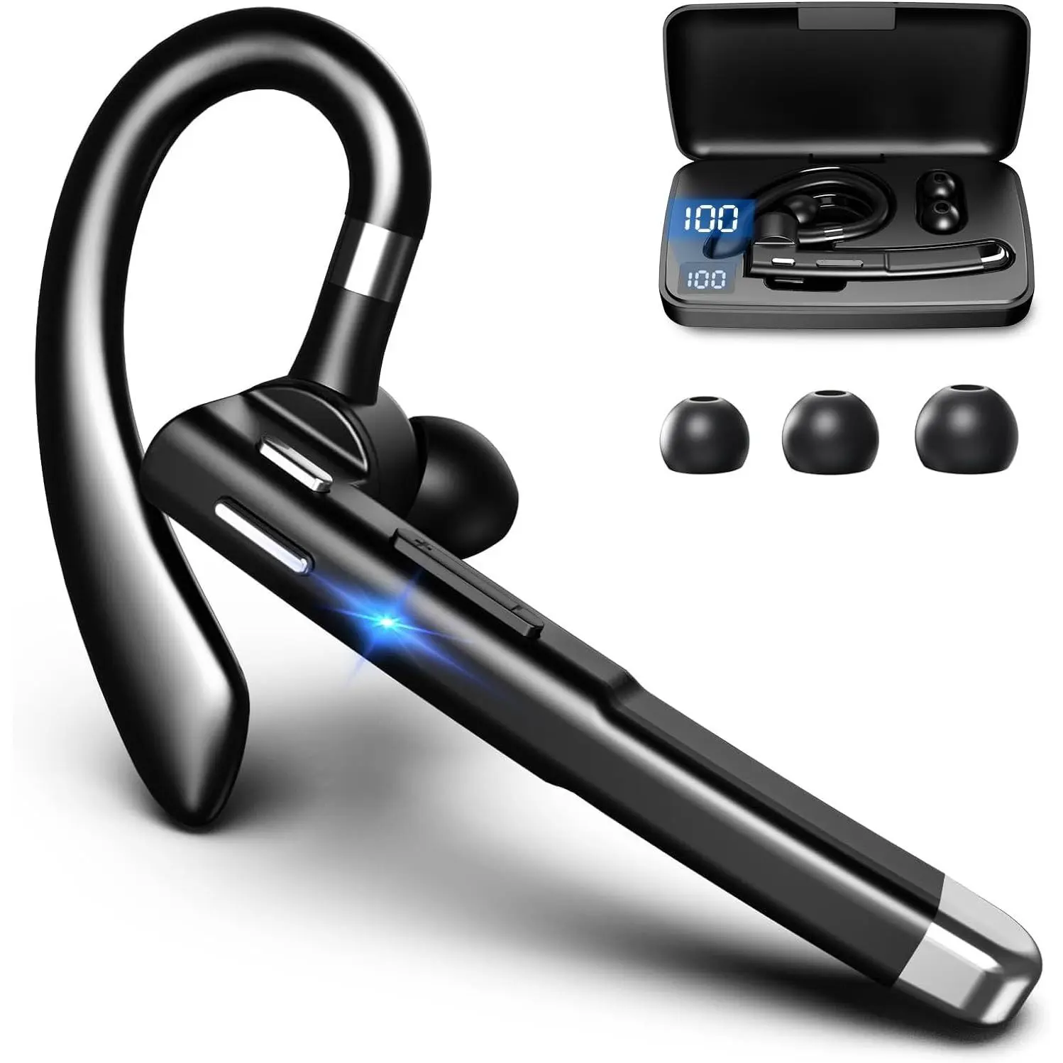 Binaural Bluetooth Wireless Headphone with Active Noise Cancellation, Noise Cancelling Mic, Retractable Silicon Hooks - 15m Range, Hands-Free Binaural Wear for Business Truckers, iOS/Android Audio Device (Black)