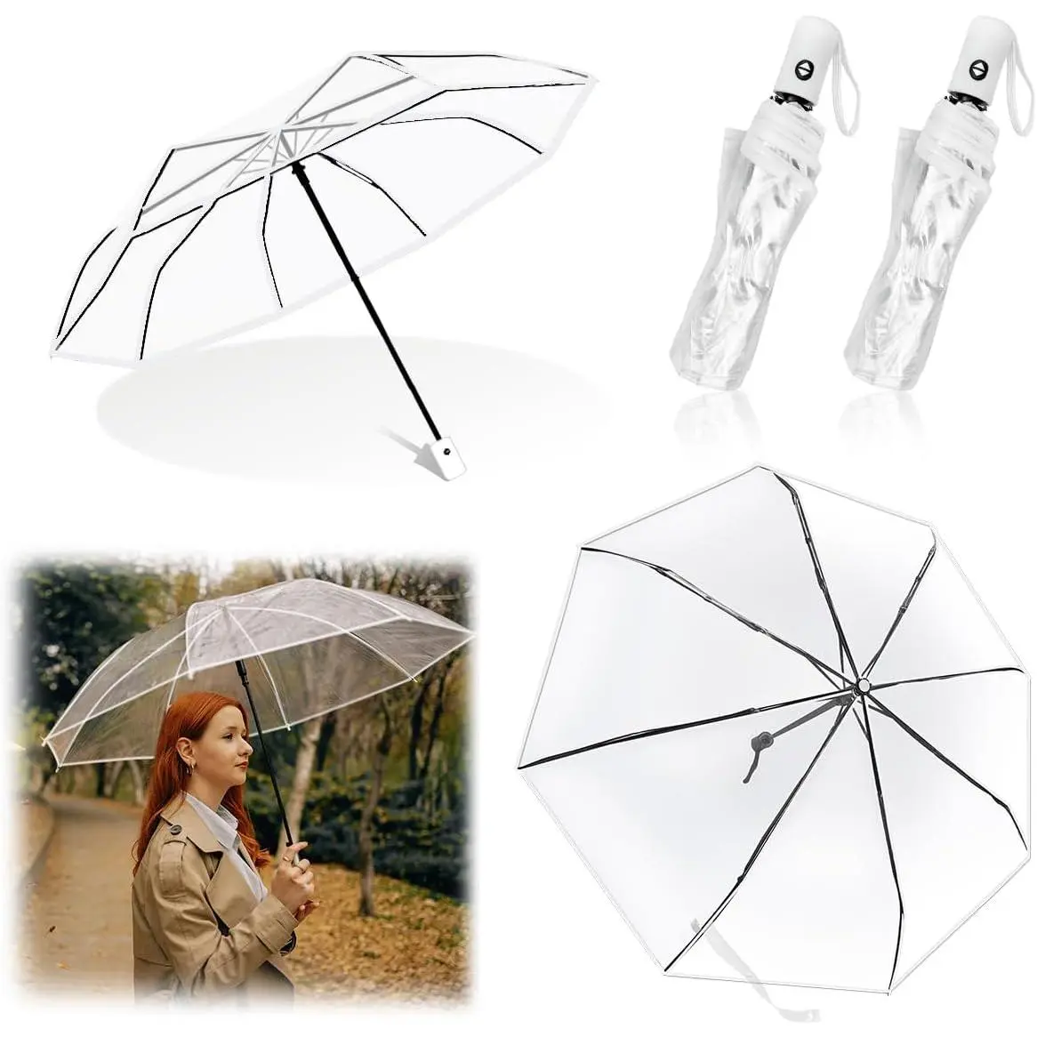 2 Pack Wedding Umbrellas, Lightweight Folding Clear, Pop-on, Stylish, Adult, Rain, Perfect for Travel, Dating, Shopping