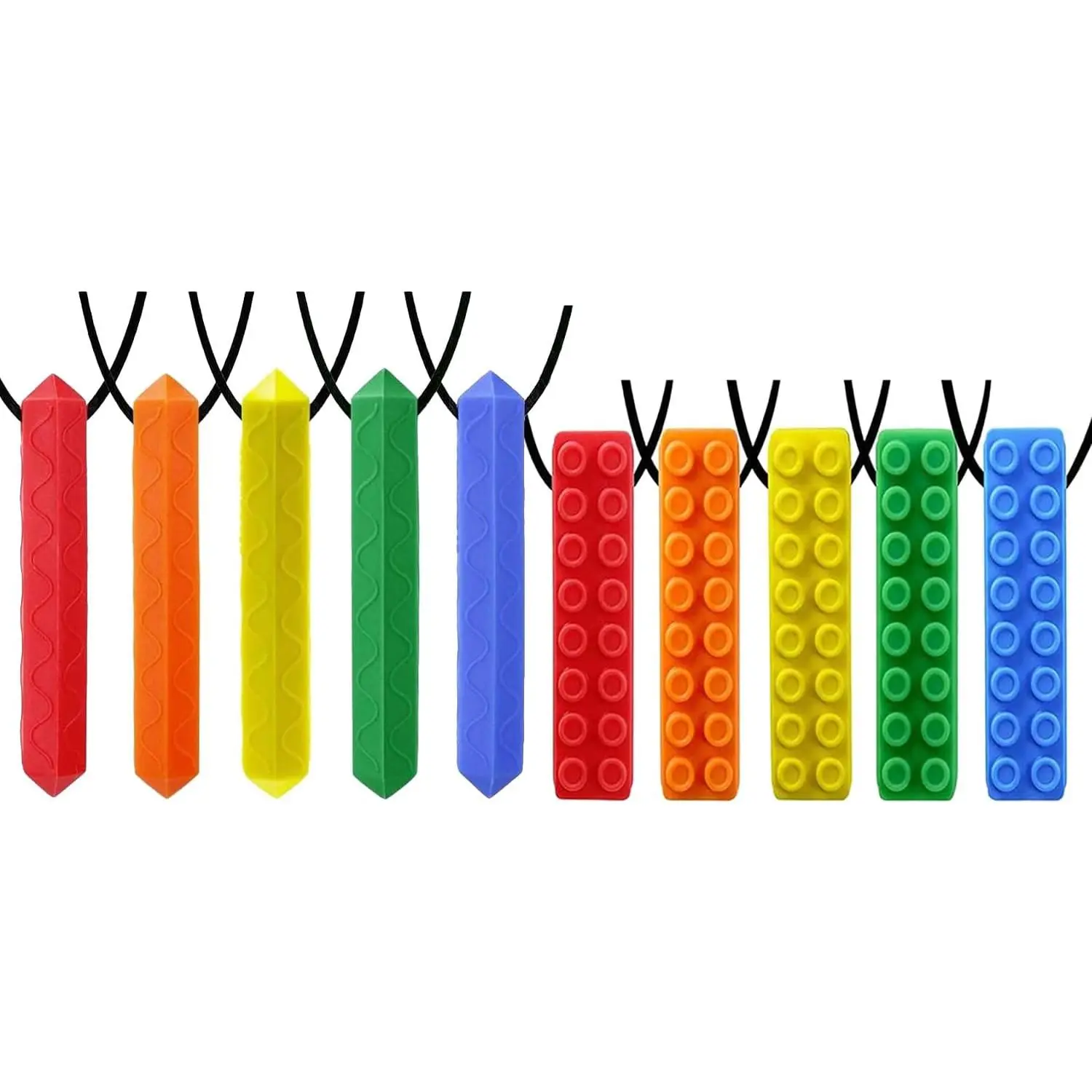 L-NKL006 Sensory Chew Necklace  10-Pcs (5 Pcs Diamonds and 5 Pcs Bricks) Rainbow Colors Perfect for Autistic, ADHD, SPD, Occral Motor Boys and Girls (Tough, Long-Lasting)