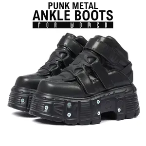 Womens Ankle Boots Chunky Platform Heels Rounded Toe New Rock Punk Metal Style Bootie Hook and Loop Clouser Gothic Fashionable Music Festival Outing Party Motorcycle Ride Combat Boots