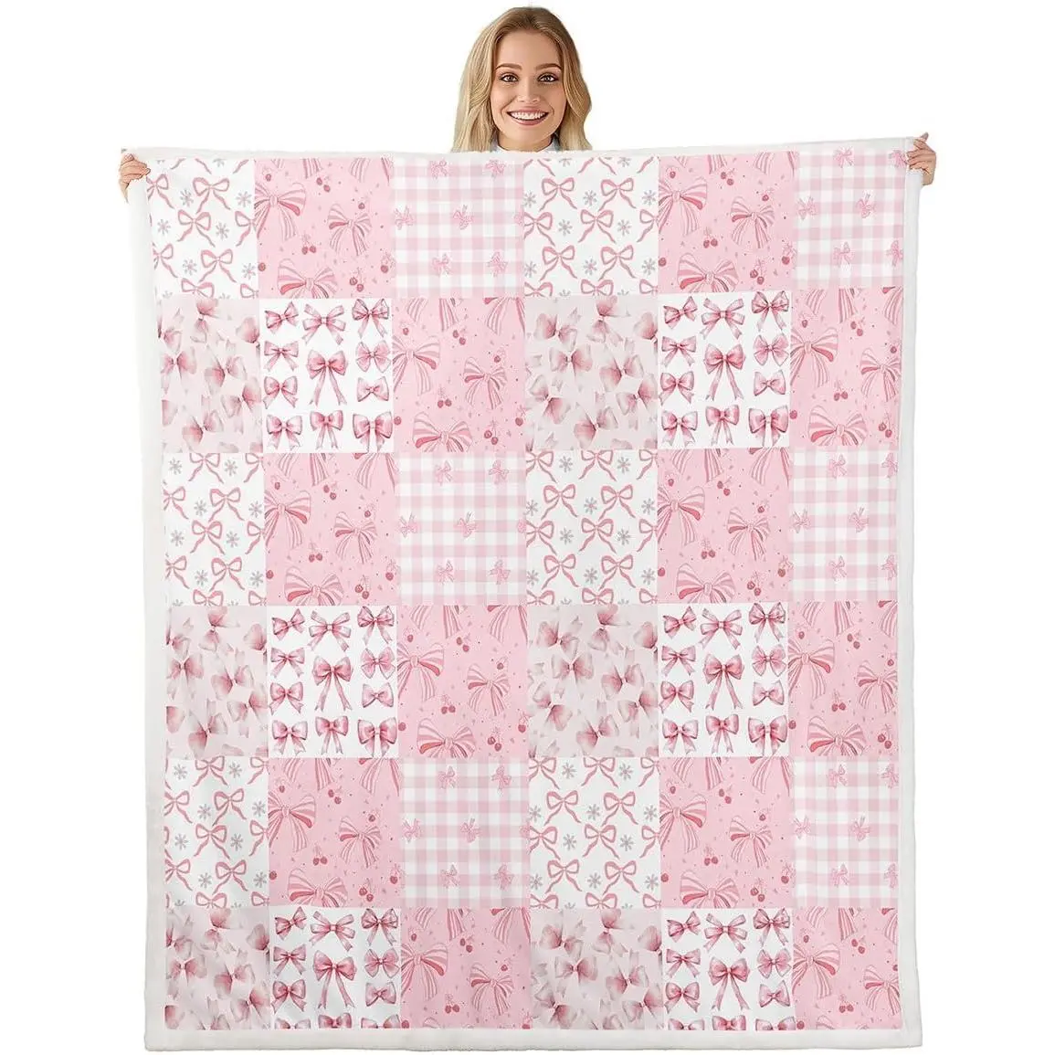 Pink Bow Fleece Throw Blanket Baby Kids Bowknot Plaid Sherpa Blanket for Girls Teens Gift for Girls Women Kawaii Grid Princess Decor