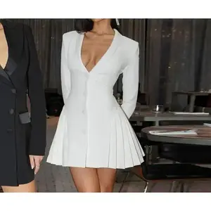 Deep V Blazer Dress Women Pleated Bodycon Autumn Winter Office Elegant Gown S1251