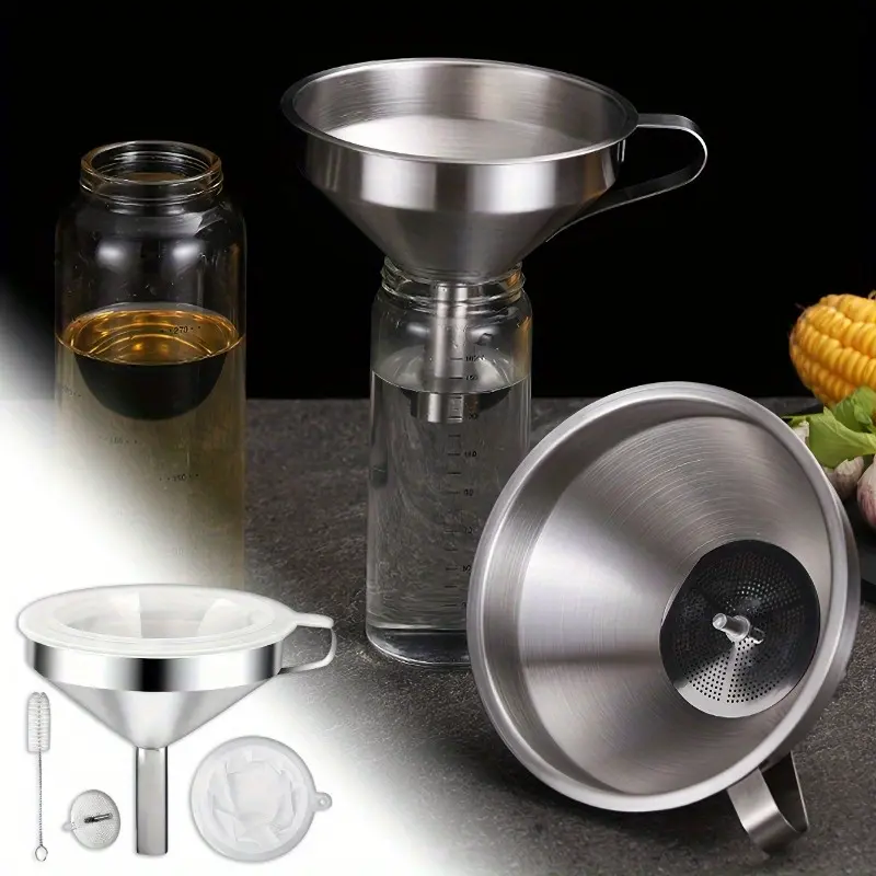5-Inch Sturdy Food Grade Stainless Steel Kitchen Funnel Set with Strainer - Handy Utensils for Bottle Filling, Liquid Transfer - Home Improvement Supplies