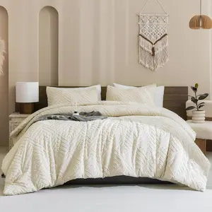 Queen Comforter Set Beige, 3 Queen Size Comforter Sets Boho Cream Solid Bedding Set &amp; Collections, All Season Tufted Farmhouse Bed Comforter Set (90x90 in Comforter &amp; 2 Pillowcases)
