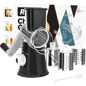 Rotary Cheese Grater Hand Crank Cheese Shredder for Fresh Cheese, Vegetable, Nuts,Non-slip Suction Base, Free Cleaning Brush Three Blades, Black