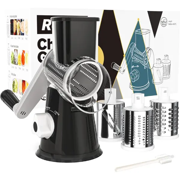 Rotary Cheese Grater Hand Crank Cheese Shredder for Fresh Cheese, Vegetable, Nuts,Non-slip Suction Base, Free Cleaning Brush Three Blades, Black