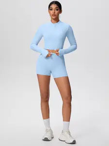 Women's Solid Long Sleeve Zip Up Jackets & High Waist Shorts Tracksuit Set,Sporty Sweat Wicking Quick Drying Outfits for Yoga Gym Workout Running Cycling Wear Yoga Clothes Set, Lightweight Athletic Outfits, Sportswear For Running