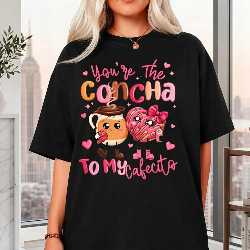Women's Graphic Tshirt with 'Concha Cafecito' Quote - Breathable Cotton Short Sleeve Round Neck Tee, Casual Mexican Style Top for Valentine's Day Gift