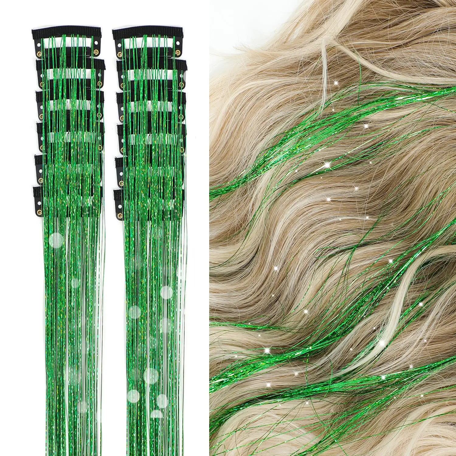 12 count Hair Tinsel Clip in Glitter Tinsel Hair Extensions 19.6Inch Clip in Hair Tinsel Kit Heat Resistant Shiny Sparkly Fairy Hair Accessories for Women Girls  (Green)