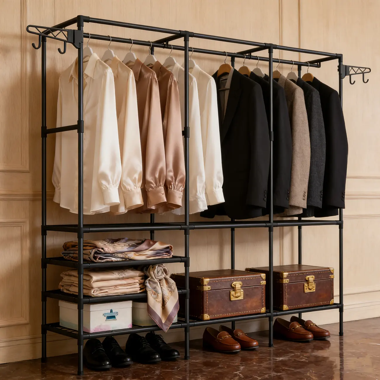 SURUI Rectangular Foldable Armoire Wardrobe Cabinet m Polypropylene Folding Stackable Closet, Home Organizer Storage Rack with Clothes Rail, 3-Compartment Room Storage for Apartments