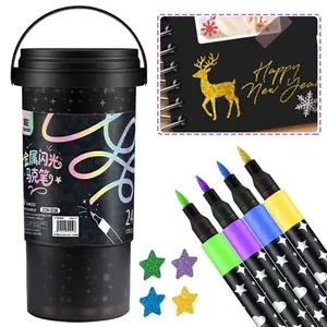 24-Pack Glitter Acrylic Marker Pens with Storage Barrel – Metallic Shimmer Paint Pens, Fine Point, Water-Based Ink for Crafts & Card Projects