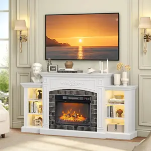 summervibes Fireplace TV Stand for up to 80 inch TVs, Electric Fireplace with Mantel, Modern Entertainment Center with LED Light, TV Console Table with Adjustable Shelves, Living Room  Bedroom, White