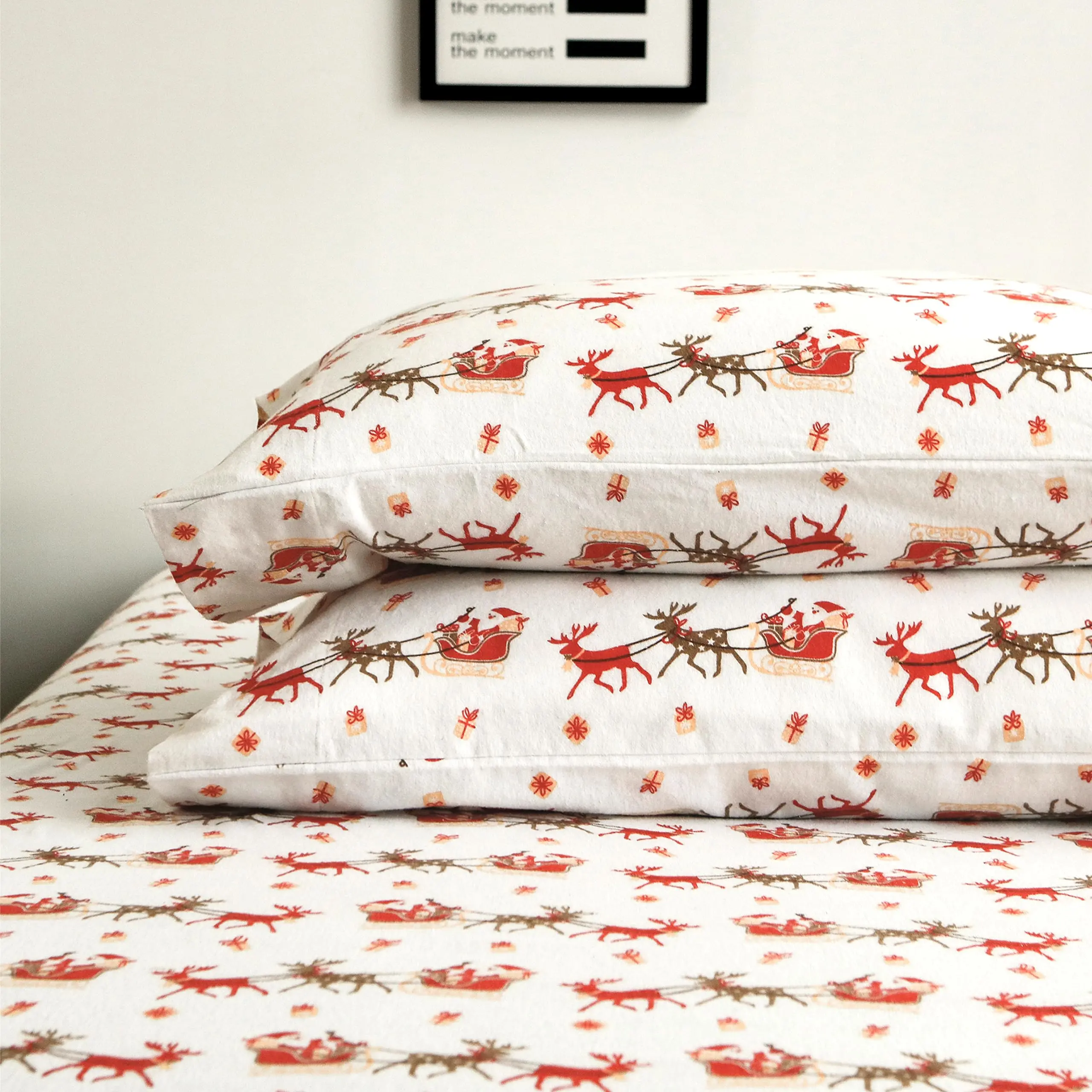 Elegant Comfort Ultra Soft 4-Piece 100% Turkish Cotton Flannel Sheet Set - Holiday Christmas Flannel Sheets, Warm and Cozy Anti-Pill Premium Quality, Deep Pocket Fitted Sheet- Twin XL, Santa Sleigh
