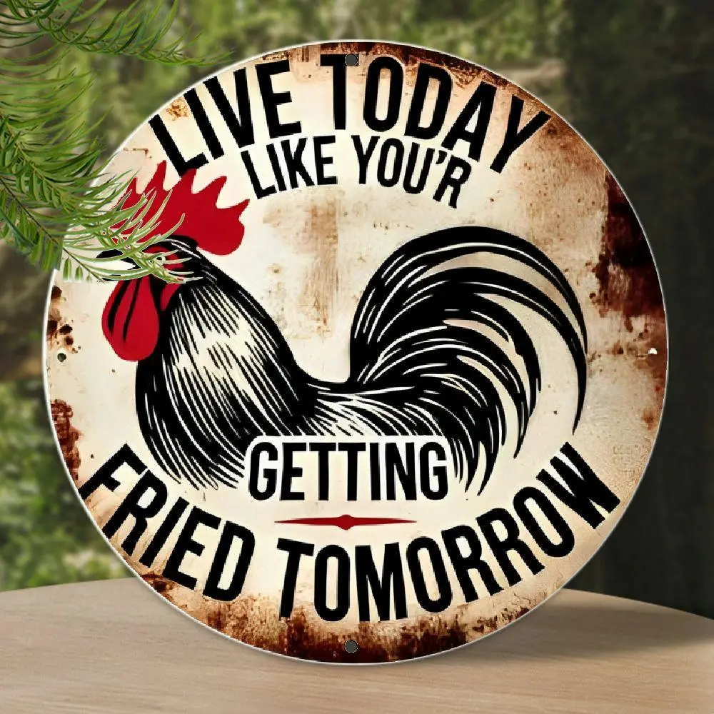8-Inch Vintage Rooster Aluminium Alloy Wall Plaque Signage, Humor Quote Decorative Sign with "Live Today Like You're Getting Fried Tomorrow" for Indoor-Outdoor Home Spaces