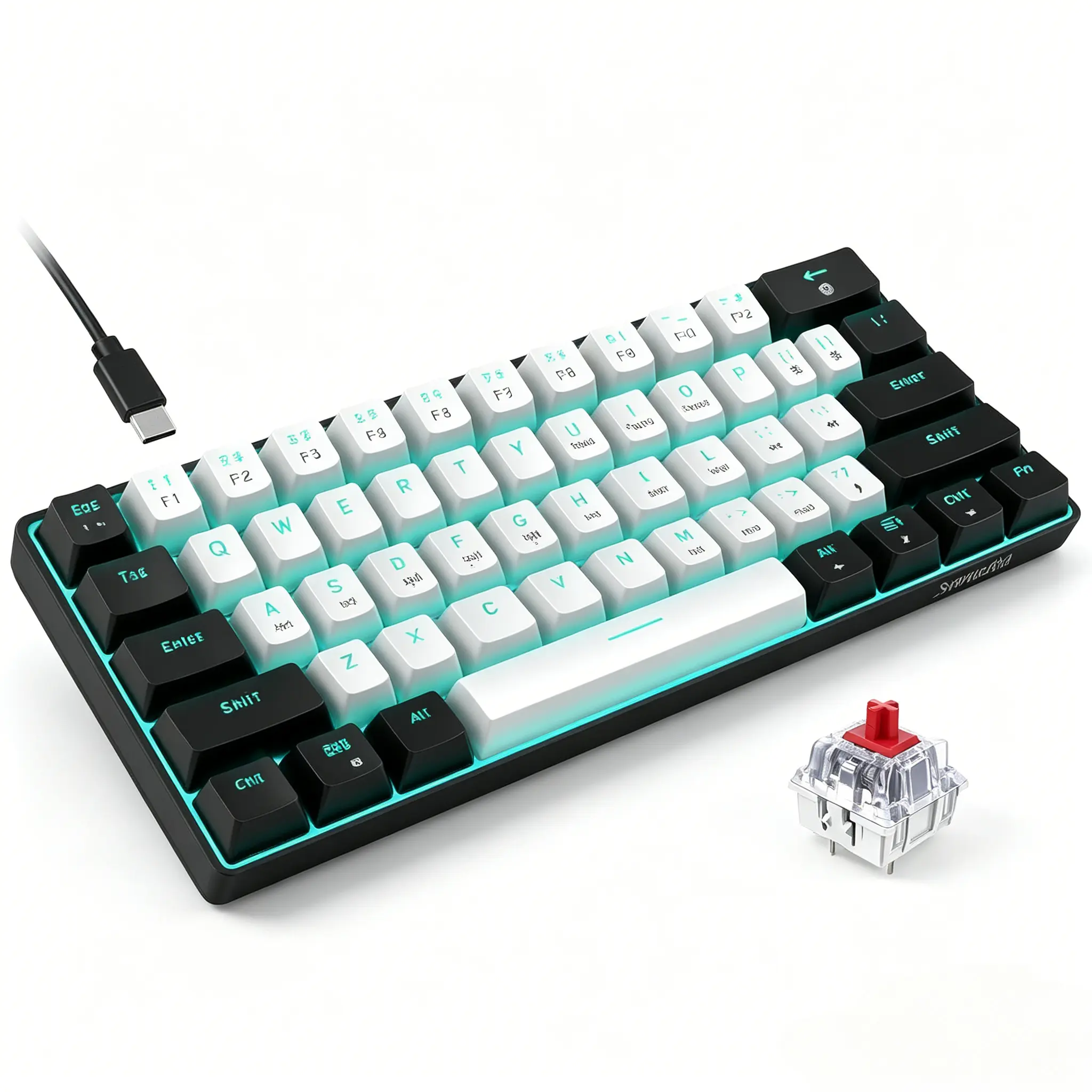 Black & White 61-Key Wired Mechanical compact creamy Keyboard, 60% Mini Gaming & Office Keyboard with Ice Blue LED Backlight, Red Switches, Compatible with Windows, Mac, PC and Laptop collection rgb rainbow backlit