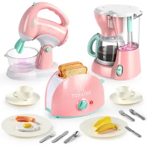 Play Kitchen Toys, Pretend Food Kitchen Accessories Girls Toy with Coffee Maker, Mixer, Toaster with Realistic Lights& Sounds, Birthday Gift for Kids, Easter Basket Stuffers