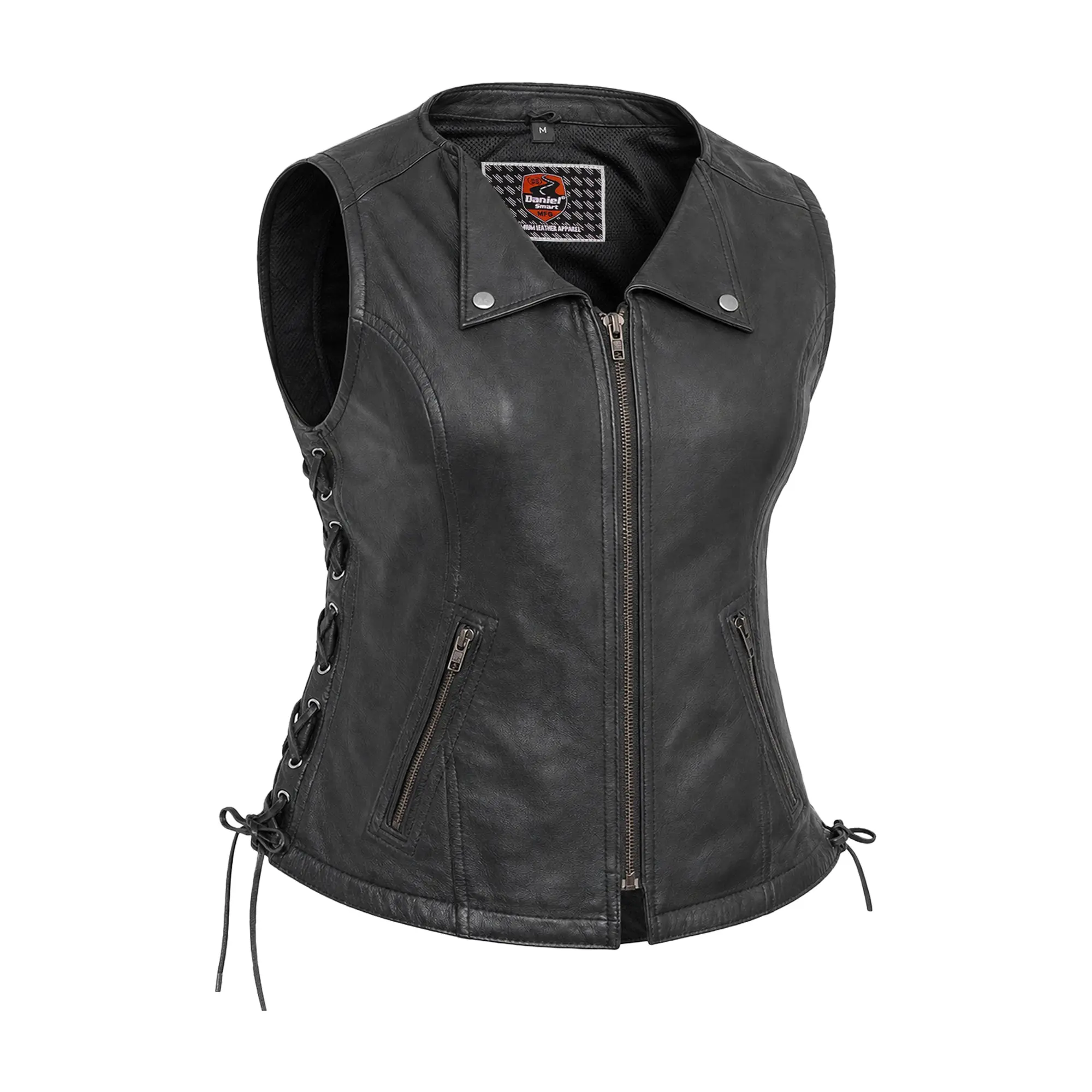 DANIEL SMART Women's Fitted Drum Dyed Naked Lambskin Motorcycle Vest, Chic MC Edgy Protective Gear with Zippered Pockets, D-Ring Side-Laced, 2 Inside Storage Pockets, Sizes XS-5XL (Incl. 3XL,4XL)