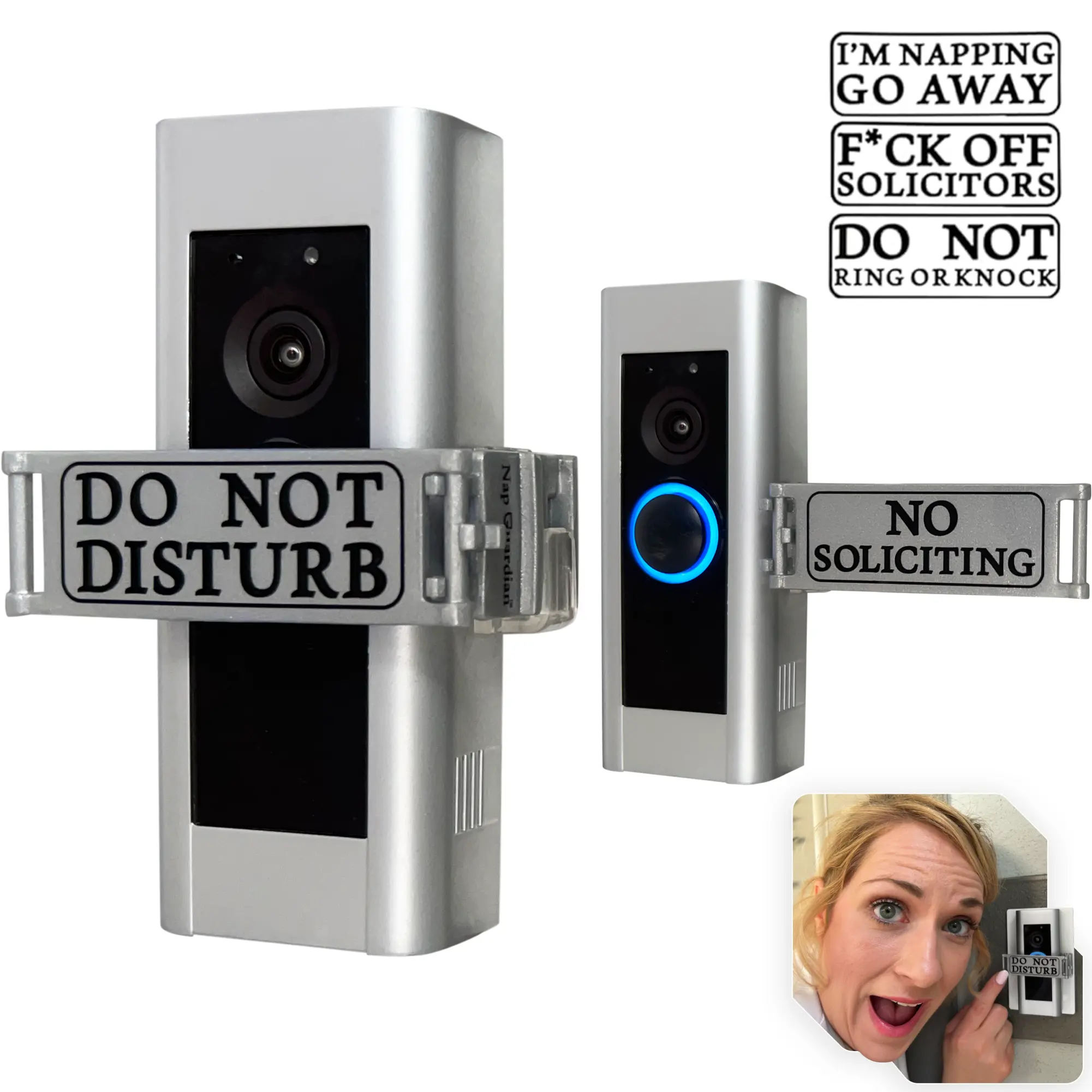 Nap Guardian Doorbell Cover – USA Patented & Owned. Mom Invented for Moms. Sign Rotates from DO NOT DISTURB to NO SOLICITING - Universal Fitting Video or Traditional Buttons, Easy to Install, No Tools or Modifications Needed. It Really Works!