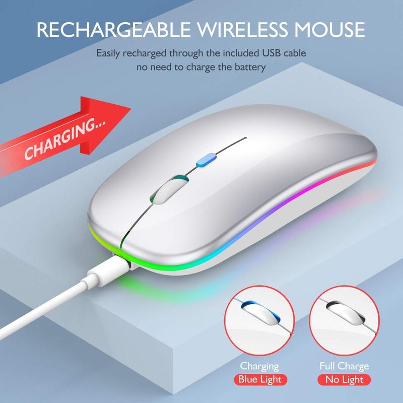 Wireless Bluetooth Mouse Rechargeable, Dual Mode 2.4GHz USB & Bluetooth 5.2, Ergonomic Silent Click Optical Mouse for Laptop PC, Silver