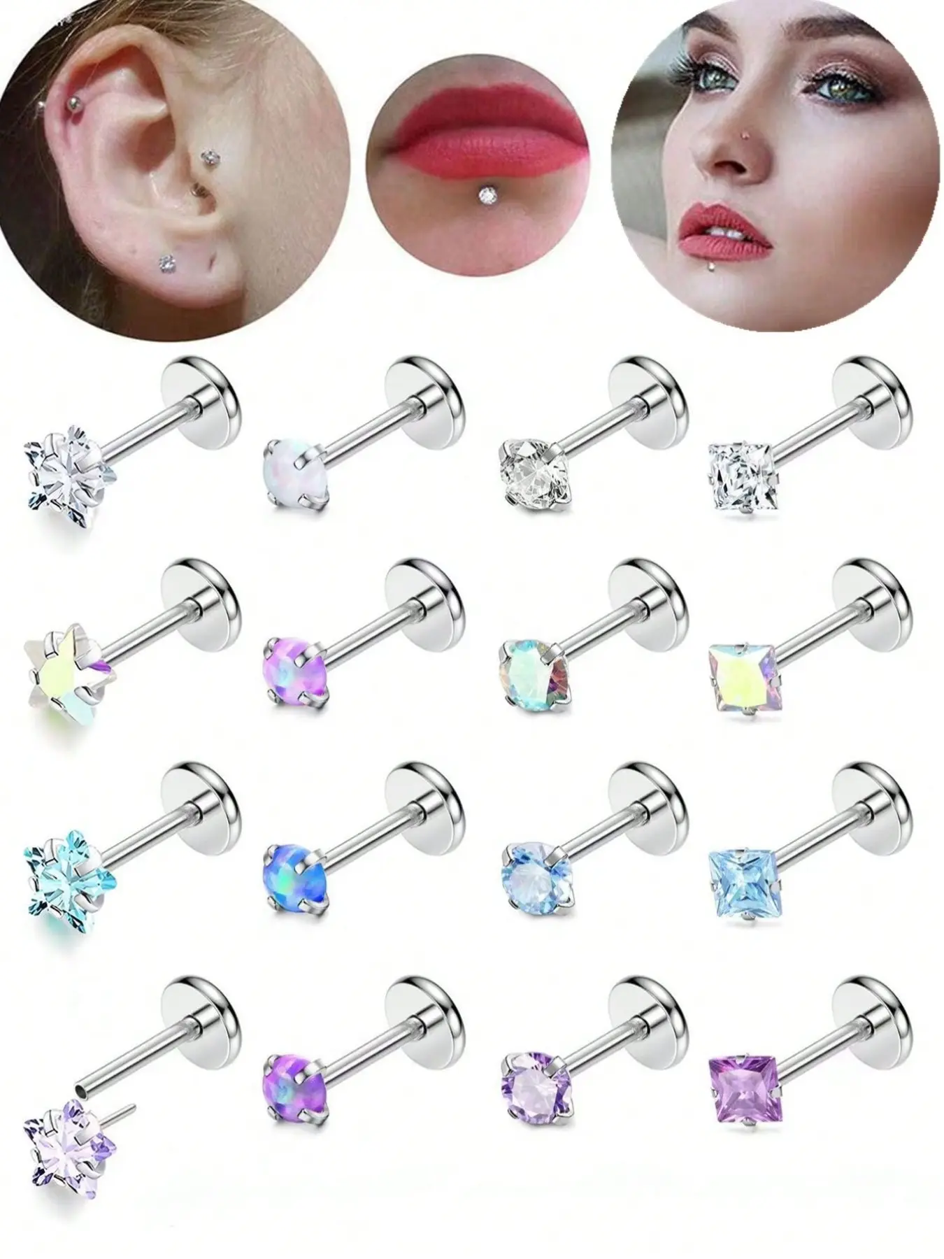 16-Piece Stainless Steel Cz Lip Rings, Punk Style Ear Studs, Plain Design, All-Season Jewelry, Women's Daily Wear Accessories, Piercing, Piercings Jewelry