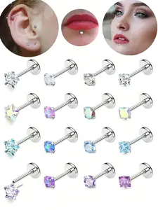 16-Piece Stainless Steel Cz Lip Rings, Punk Style Ear Studs, Plain Design, All-Season Jewelry, Women's Daily Wear Accessories, Piercing