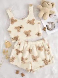 Women's Bear Print Halter Top and Shorts Pajama Set, Fitted Cute Comfortable Sleepwear for Ladies, Womenswear, Casual Nightwear, Summer Loungewear, Pyjamas, Pjs