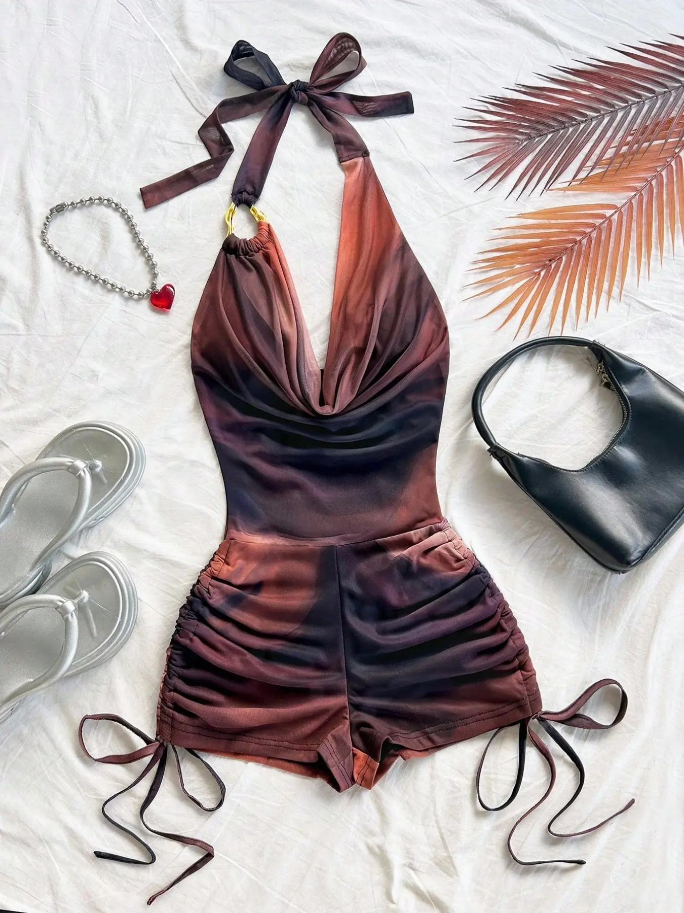 Women's Vintage Gradient Print Mesh Metal Decor Layered Ruffle Deep V Sleeveless Casual Fit Romper Jumpsuit, Perfect for Party, Date, Valentine's Day, Holiday, Beach, Music Festival Boho Casual Jumpsuit Lady Womenswear