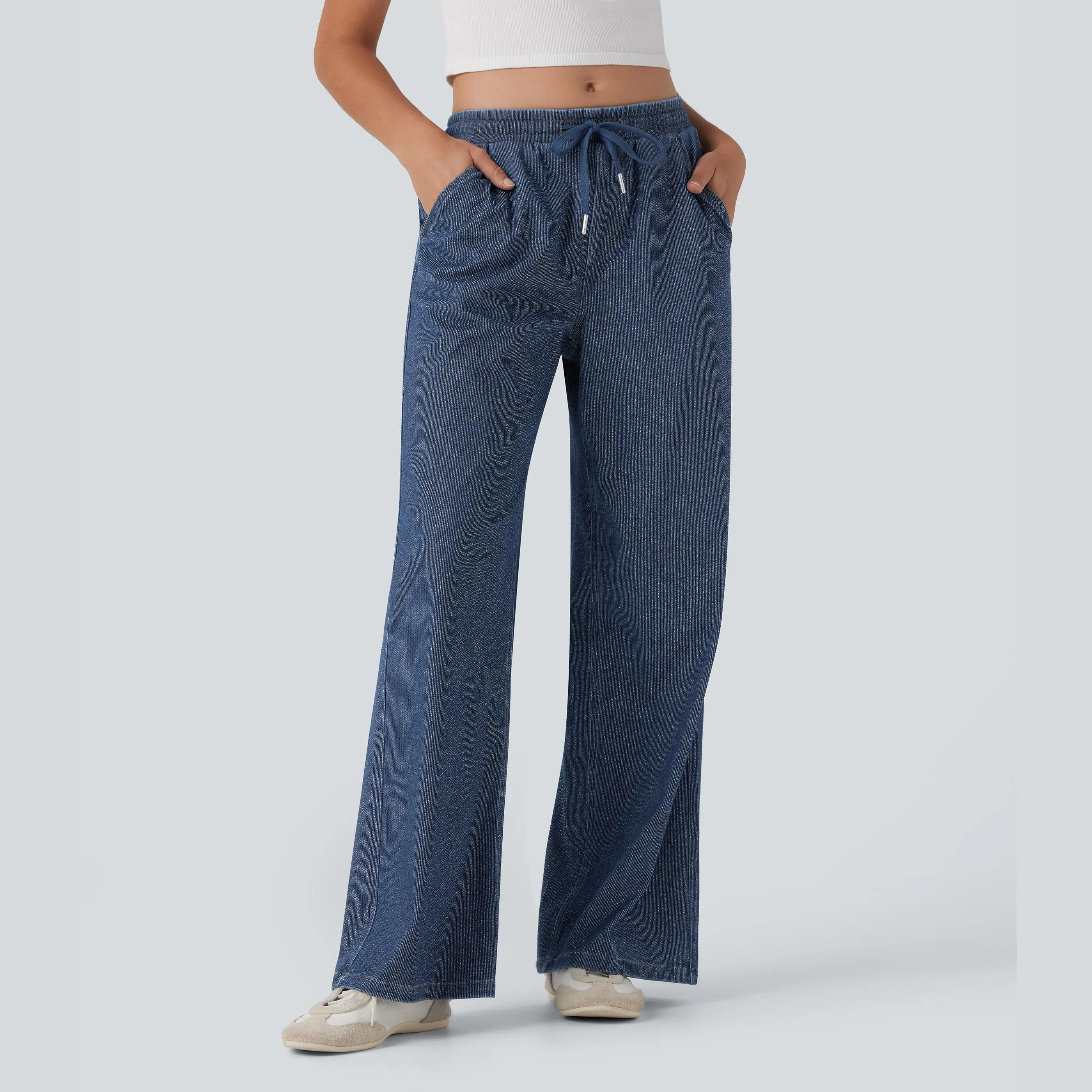 Halara Flex Low Rise Drawstring Wide Leg Metallic Casual Jeans with Pockets