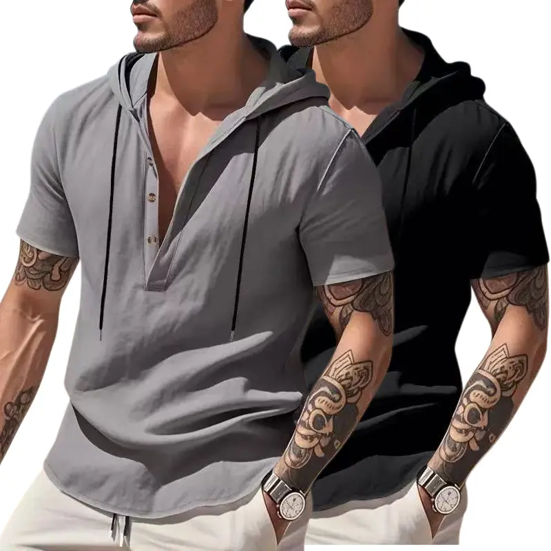 Men’s linen blend hooded short-sleeve shirt—fashionable solid-color casual button-up, breathable loose summer beach vacation top; solid-color button polo shirt; casual regular-fit short-sleeve half-zip top suitable for everyday summer wear; fashionable me