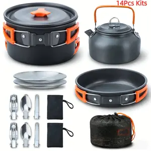 8/14pcs Camping Cookware Mess Kit, Portable Non-Stick Aluminum Alloy Cookware, Kettle Pot Frying Pan Plates Forks Knives Spoons For Camping, Backpacking, Outdoor Cooking