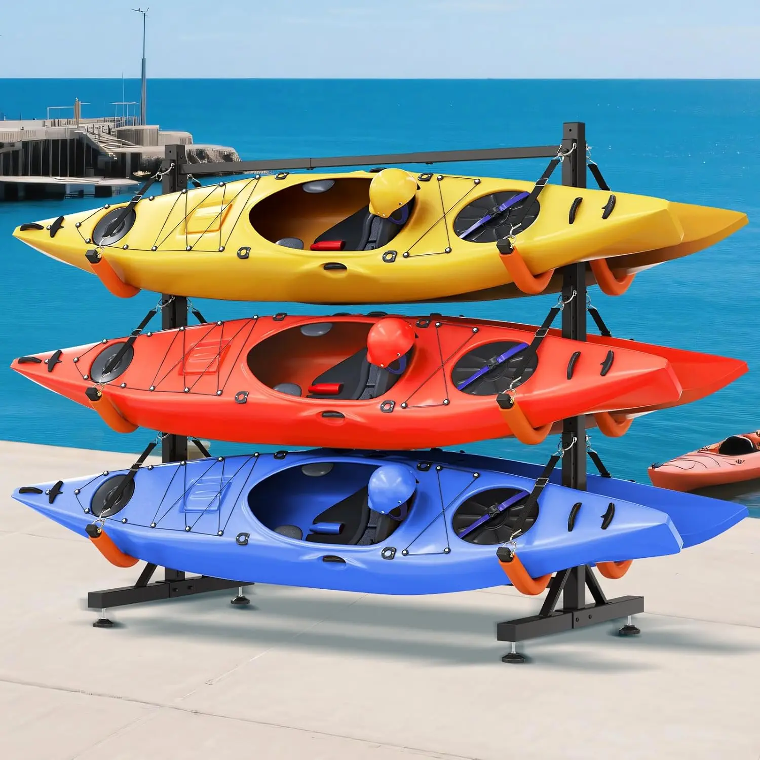 [SummerSale] AMERLIFE Freestanding Kayak Storage Rack, Adjustable Width Stand with Stable Base, Elastic Ropes, EVA Tube Sleeves, for Indoor Outdoor Garage