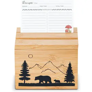 Bamboo Recipe Box with Cards and Dividers - Cute Decorative Laser Engraved Bear, Recipe Card Box with Two Recipe Card and Phone Holding Grooves