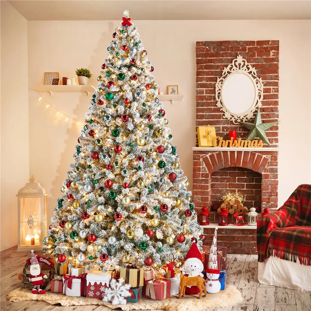 【9/12ft】Yaheetech Pre-lit Flocked Artificial Christmas Tree with Foldable Stand, Hinged Fir Holiday Decorative Artificial Tree with Incandescent Warm White Lights and Tips