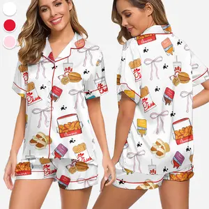 Coquette Chicken Nuggets Satin Pajamas Set, Chick-Fil-A Sleepwear, Chick-Fil-A Lovers Loungewear, Gift For Her, Premium Satin Pajamas
