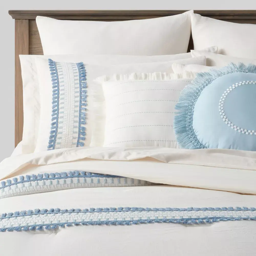 12pc Queen Embroidered Fringe Stripe with Tassels Comforter & Sheet Bedding Set White/Blue - Threshold: Woven Polyester OEKO-TEX Certified