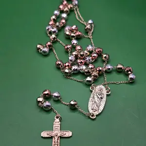 Jude Thaddeus & Crucifix Rosary 19.5-inch Long 6mm Diamond Style Beads Copper Plated 14-Karat Gold Three Colors Religious Symbolism not water resistant