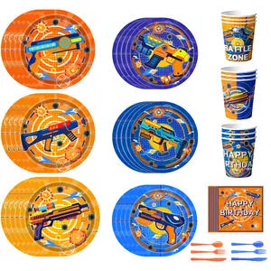 232pcs Dart War Party Decorations Supplies, Dart War Birthday Decorations Tableware Set, Dart Cupcake Toppers Banner Balloons Dart War Plates Tablecloth Hanging Swirls etc Dart Gun Party Decorations