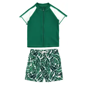 Boys Short Sleeve Zipper Rash Guard and Swim Trunk Set | "Palm Leaf"
