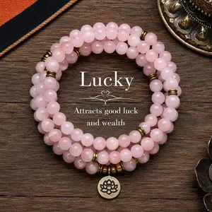 ARPURRAINA Lucky 8mm Crystal Rose Quartz Healing Stone108 Mala Beads Luck Necklace Long Beaded Wrap BraceletsGenuine Gemstone Mala Prayer Beads Lotus Buddha CharmYoga Meditation Necklace Jewelry Elegant with Lotus GiftRamadan Long Chain Sweater Chain