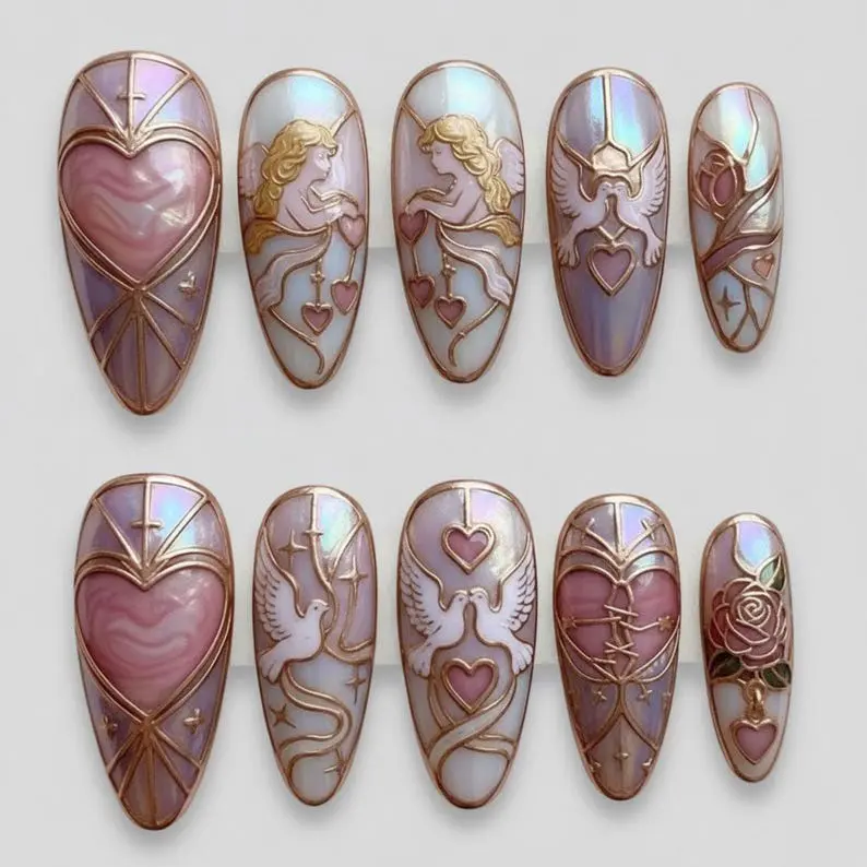 Handmade Angel Cherub Press On Nails, 3D Sacred Heart Dove Rose Nail Art, Iridescent Gold Gothic Luxury Fake Nails