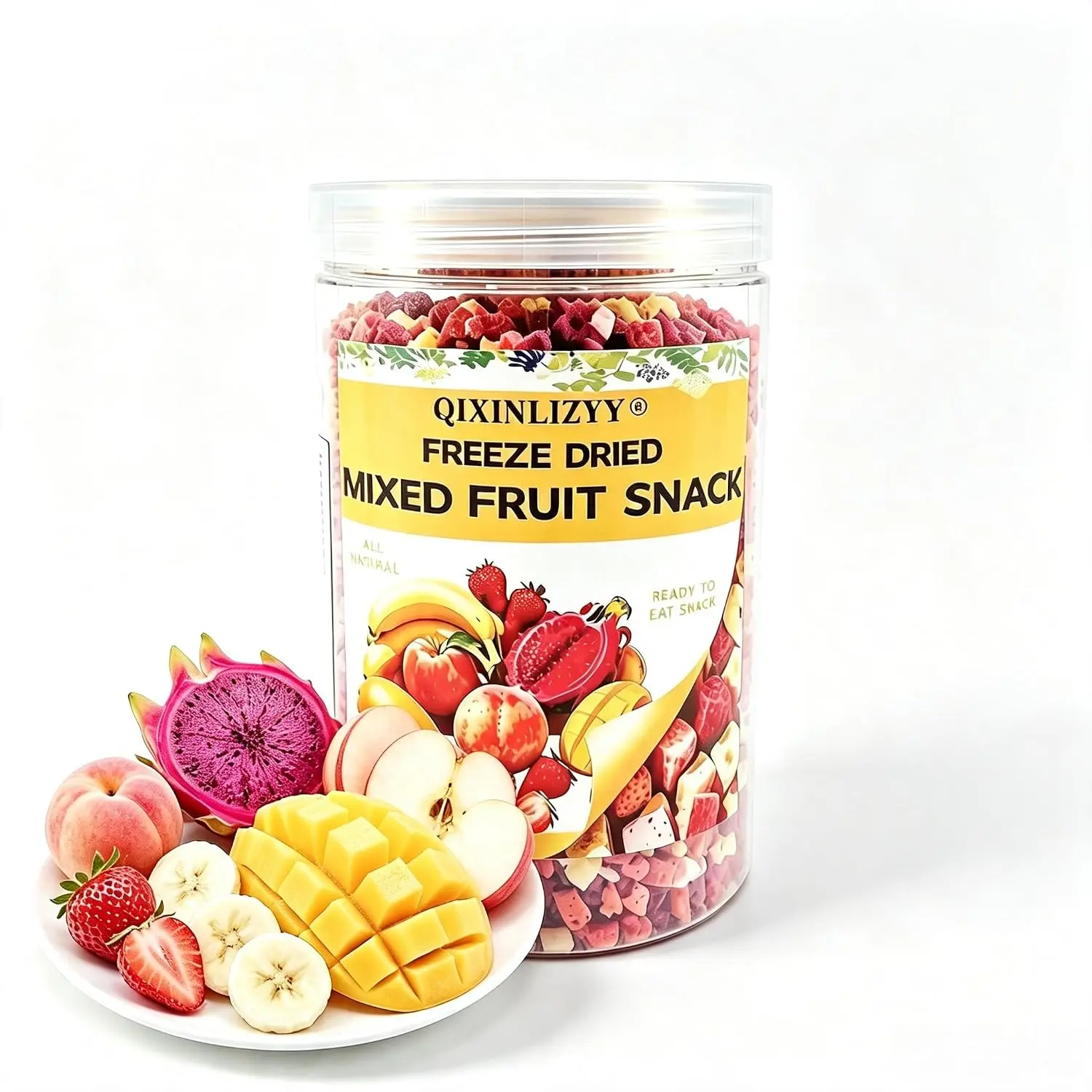 QIXINLIZYY Mixed Dehydrated Fruit Snacks, 7.05 oz, Crunchy Assorted Strawberry, Dragon Fruit, Apple, Mango, Banana & Peach, No Added Sugar, Vegan Dried Fruit Mix